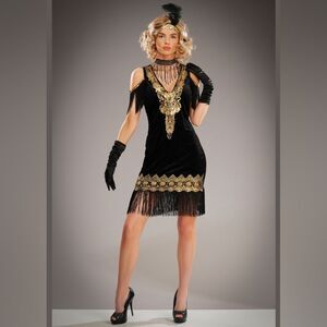 ☔️💜Black & Gold Embroidered Fringe  Flapper Dress Small